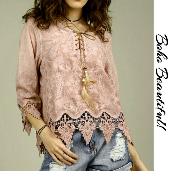 desireshoppe Tops - Boho Lace Up Embroidered Cotton Crochet Lace Top